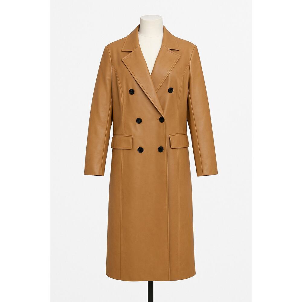 Avec Les Filles Camel Faux Leather Long Trench Coat Women’s XL Double Breasted